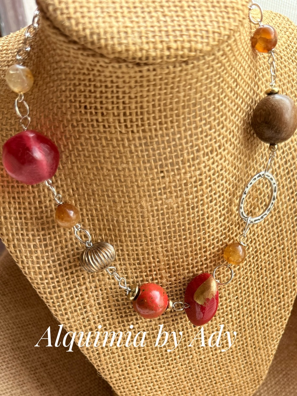 Red, Amber & Brown Mixed Bead choker Necklace